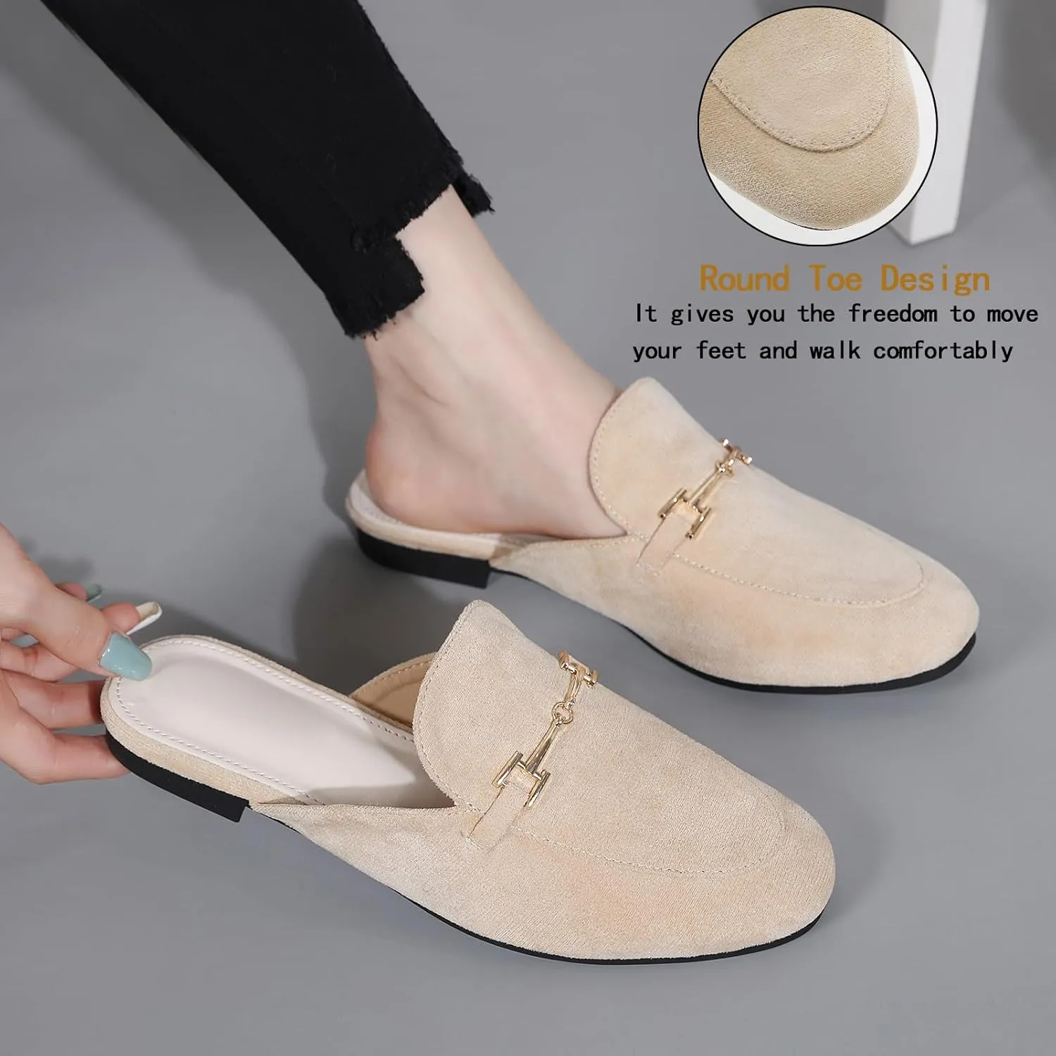 Mules for Women Flats Round Toe Womens Mules Buckle Slip on Slides Backless Loafer Shoes