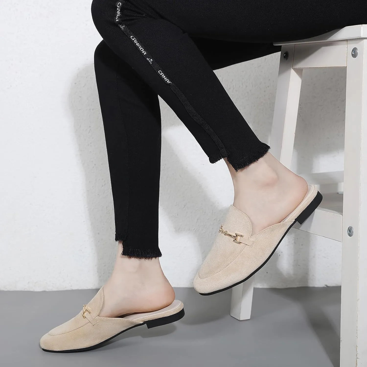 Mules for Women Flats Round Toe Womens Mules Buckle Slip on Slides Backless Loafer Shoes