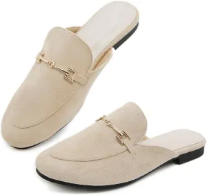Mules for Women Flats Round Toe Womens Mules Buckle Slip on Slides Backless Loafer Shoes