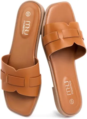 MUSSHOE Fashion Flat Summer Sandals for Women 2025-Comfortable Leather Slides, Dressy Beach Footwear Cute Memory Foam Mules Braided Open Toe Design,Size 5-11