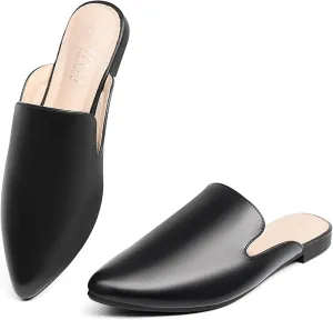 MUSSHOE Mules for Women Flats Comfortable Dressy Pointed Toe Women Mules for Work Business Office Party Wedding,Black PU 7.5