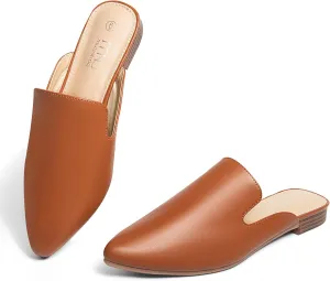 MUSSHOE Mules for Women Flats Comfortable Dressy Pointed Toe Women Mules for Work Business Office Party Wedding,Tan PU 6.5