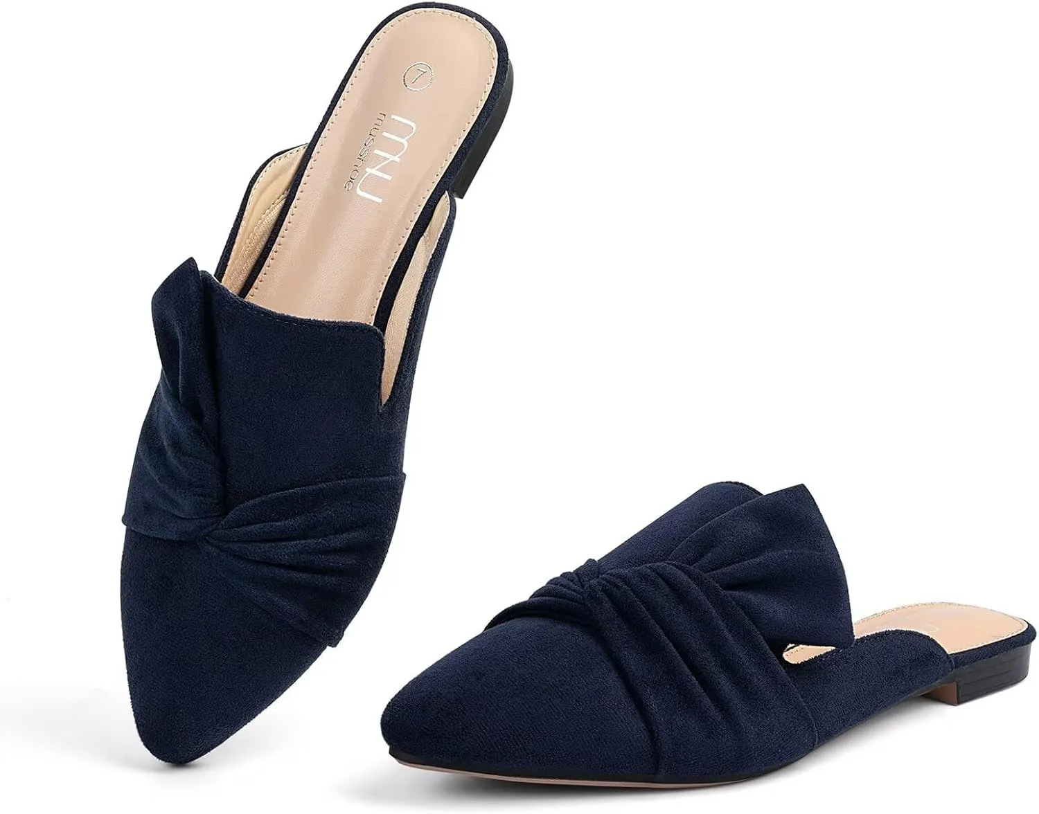MUSSHOE Women Mules Slip On Comfortable Pointed Toe Mules for Women Flats with Knot