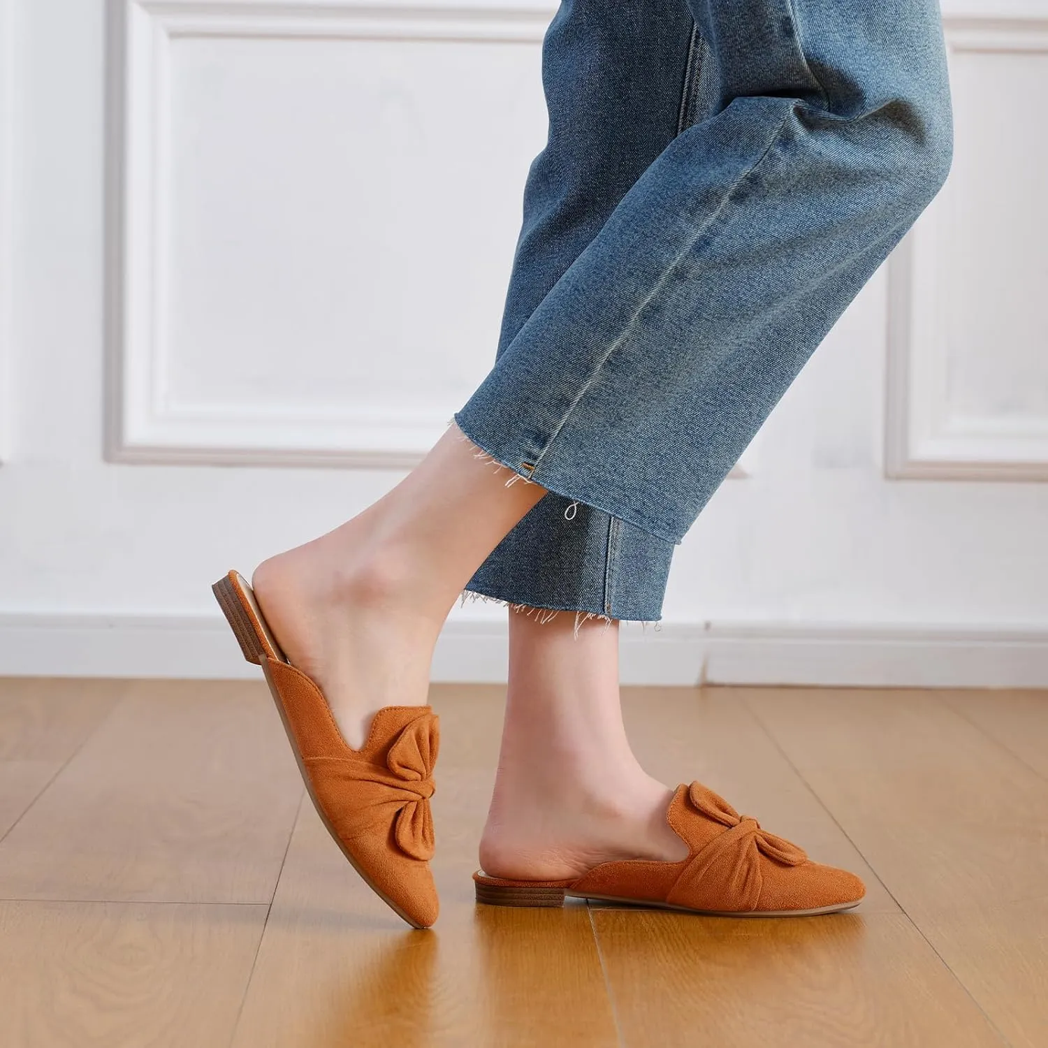 MUSSHOE Womens Mules Comfortable Pointed Toe Mules for Women Flats Backless Loafers with Bow Slip On