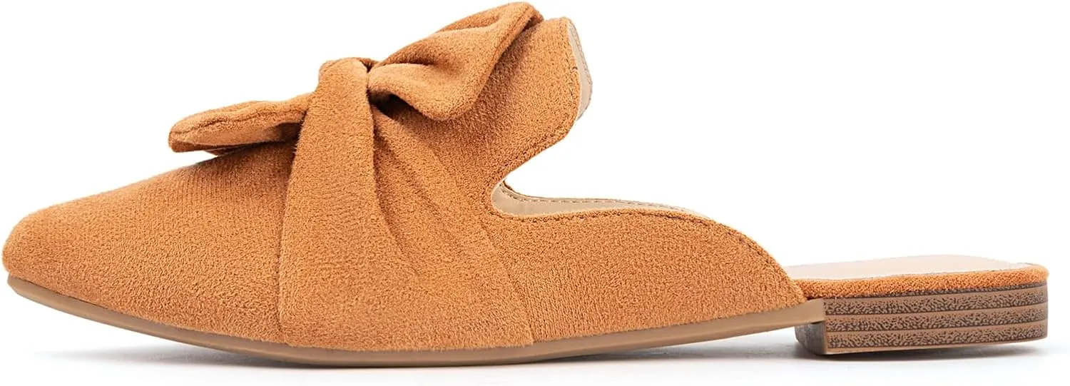 MUSSHOE Womens Mules Comfortable Pointed Toe Mules for Women Flats Backless Loafers with Bow Slip On