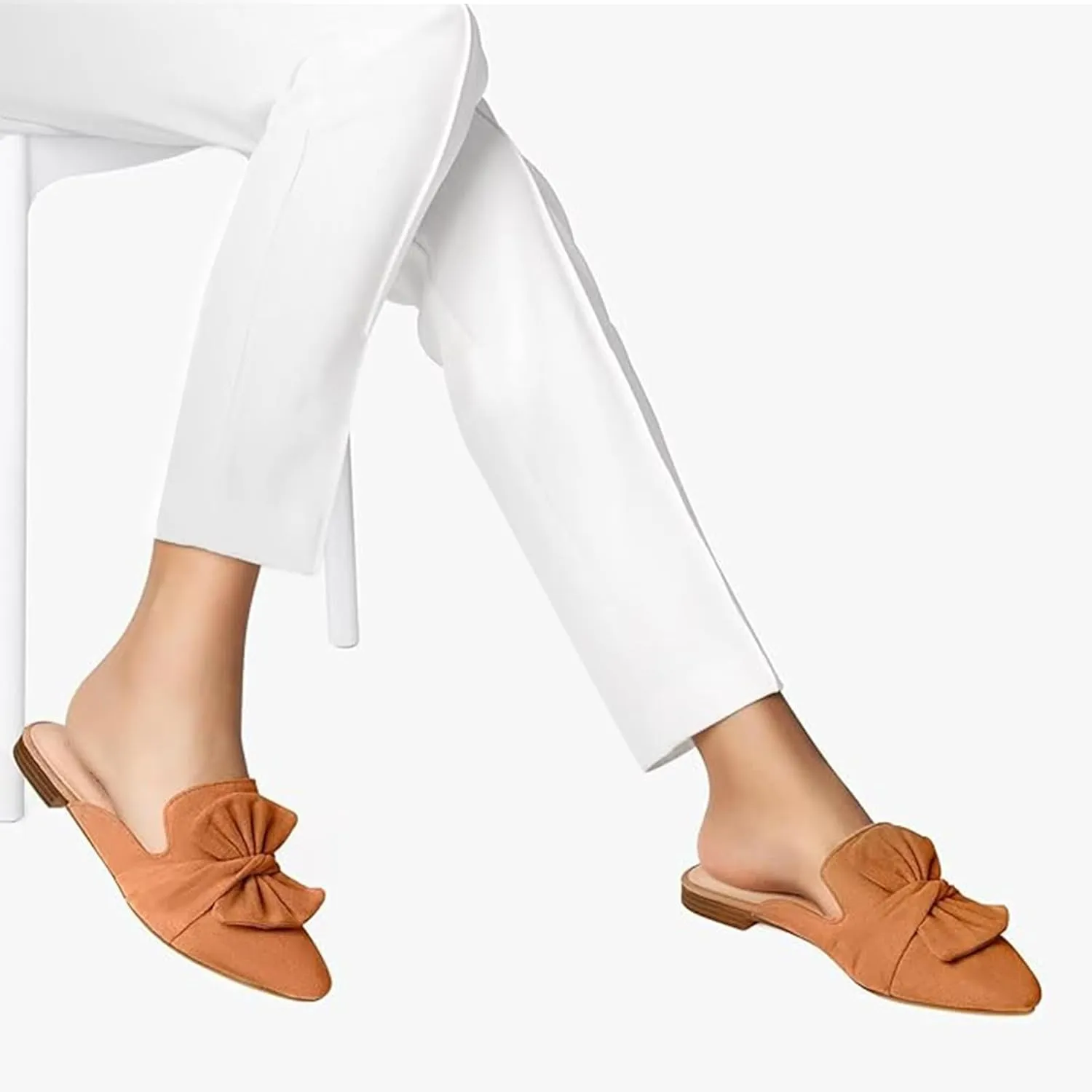 MUSSHOE Womens Mules Comfortable Pointed Toe Mules for Women Flats Backless Loafers with Bow Slip On