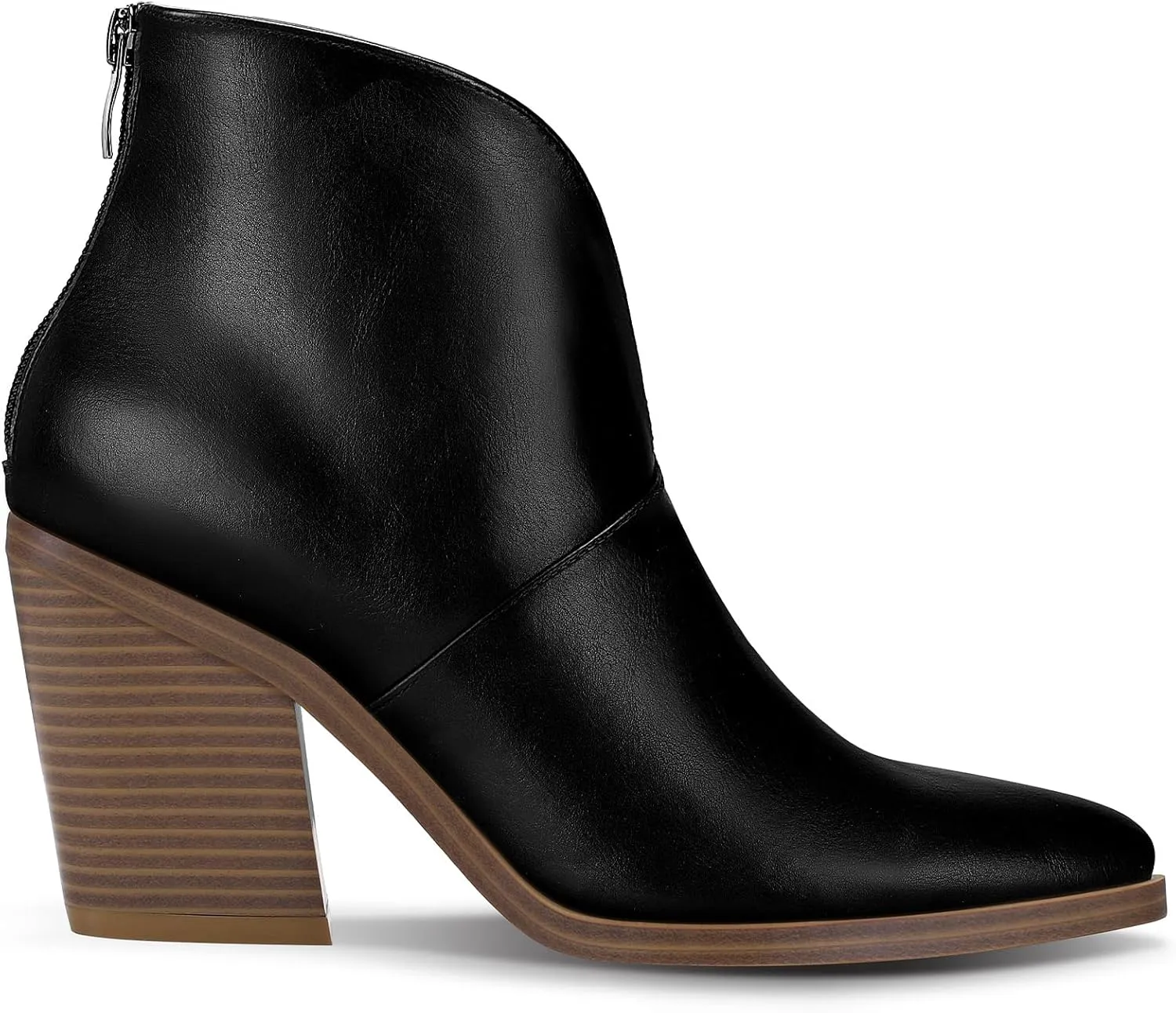 mysoft Women's V Cut Out Ankle Boots Slip On Pointed Toe Chunky Stacked Heel Booties