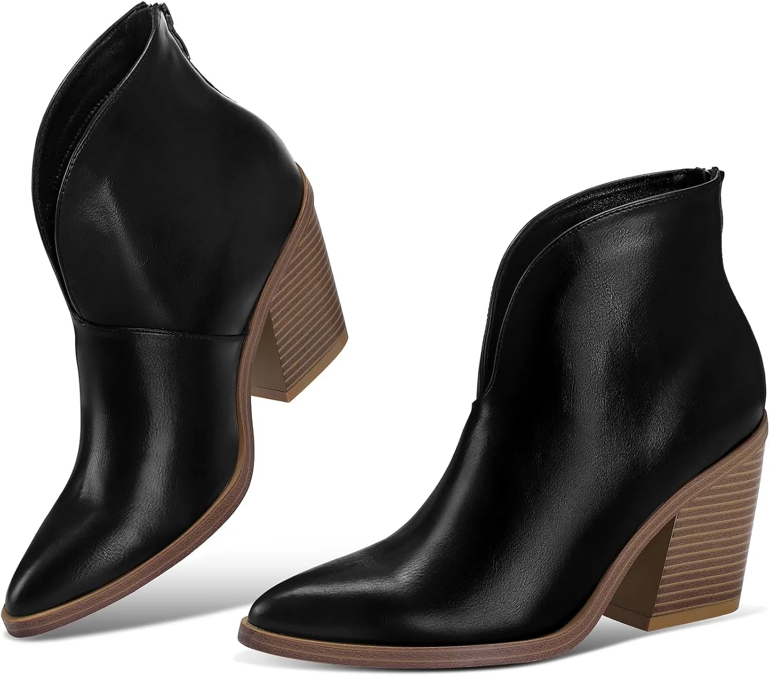 mysoft Women's V Cut Out Ankle Boots Slip On Pointed Toe Chunky Stacked Heel Booties