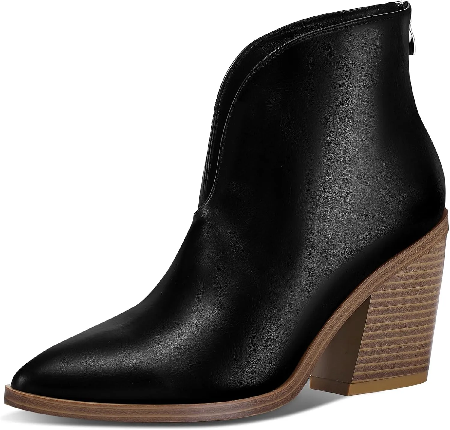 mysoft Women's V Cut Out Ankle Boots Slip On Pointed Toe Chunky Stacked Heel Booties