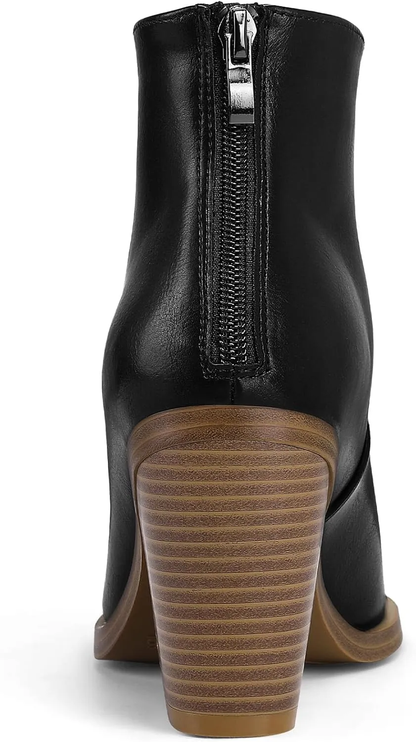 mysoft Women's V Cut Out Ankle Boots Slip On Pointed Toe Chunky Stacked Heel Booties