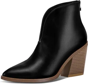 mysoft Women's V Cut Out Ankle Boots Slip On Pointed Toe Chunky Stacked Heel Booties