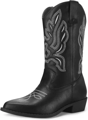 mysoft Women's Western Cowboy Boots Embroidered Mid-Calf Pointed Toe Cowgirl Boot