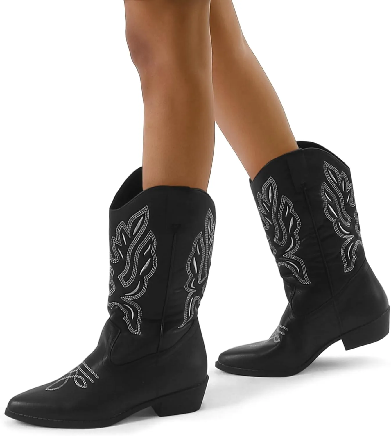 mysoft Women's Western Cowboy Boots Embroidered Mid-Calf Pointed Toe Cowgirl Boot