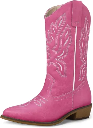 mysoft Women's Western Cowboy Boots Embroidered Mid-Calf Pointed Toe Cowgirl Boot