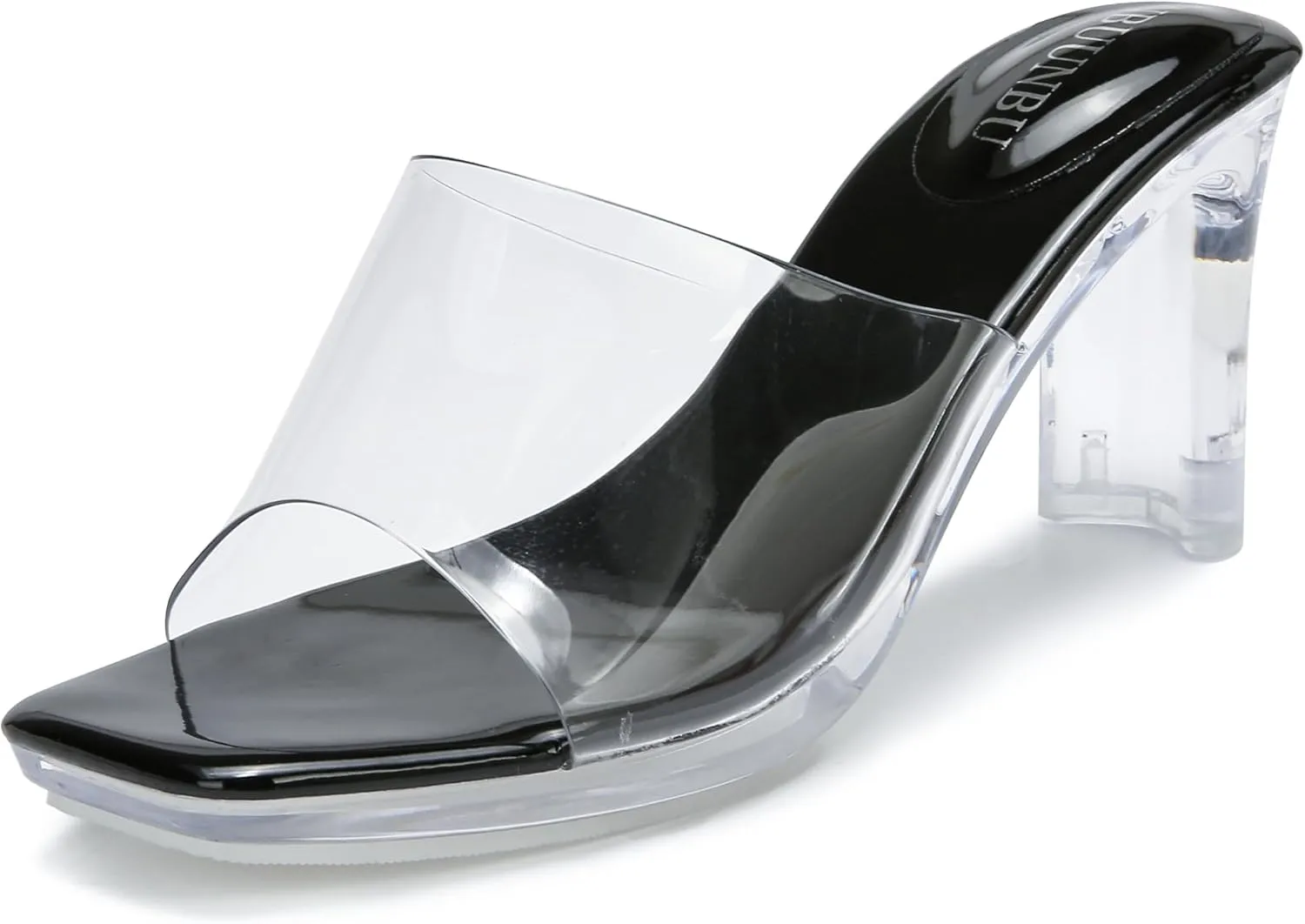 NBUUNBU Chunky Heels for Women Clear Platform Heels Sexy Block High Heels Sandals Square Toe Open Toe Transparent Strap Comfortable Dress Shoes Slip on Mules