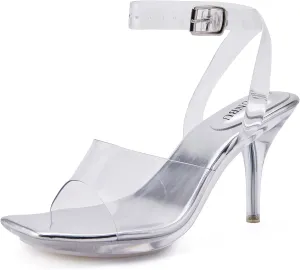 NBUUNBU Clear Heels for Women Sexy Transparent Strappy Ankle Straps Shoes Platform High Kitten Heel Slingback Square Toe Stiletto Comfortable Sandals Mules Pumps