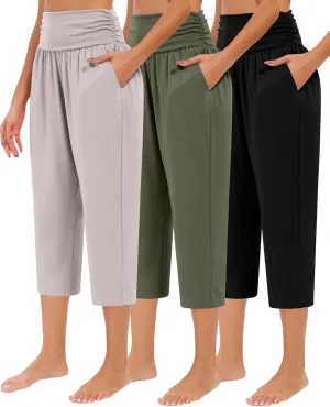 Neer 3 Pack Capri Pants for Women Casual Summer Lounge Yoga Pants Crop High Waist Loose Fit Sweatpants Pajamas with Pockets