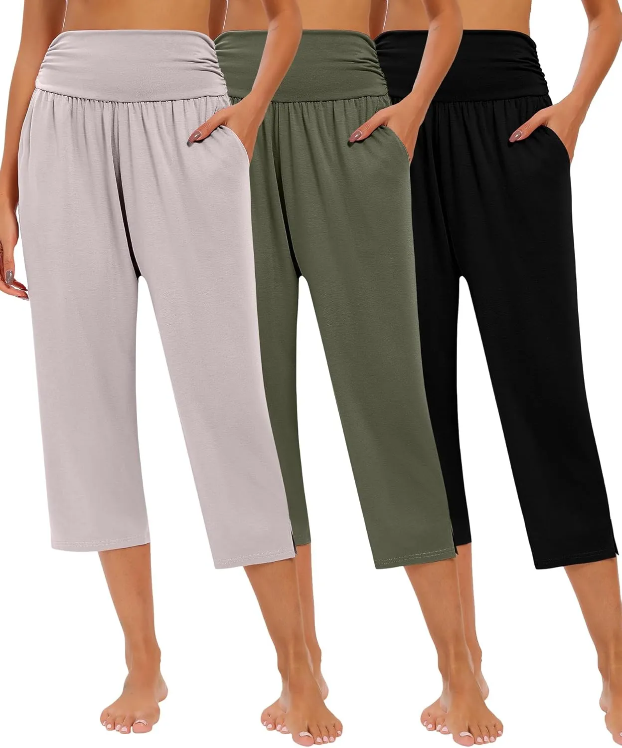 Neer 3 Pack Capri Pants for Women Casual Summer Lounge Yoga Pants Crop High Waist Loose Fit Sweatpants Pajamas with Pockets