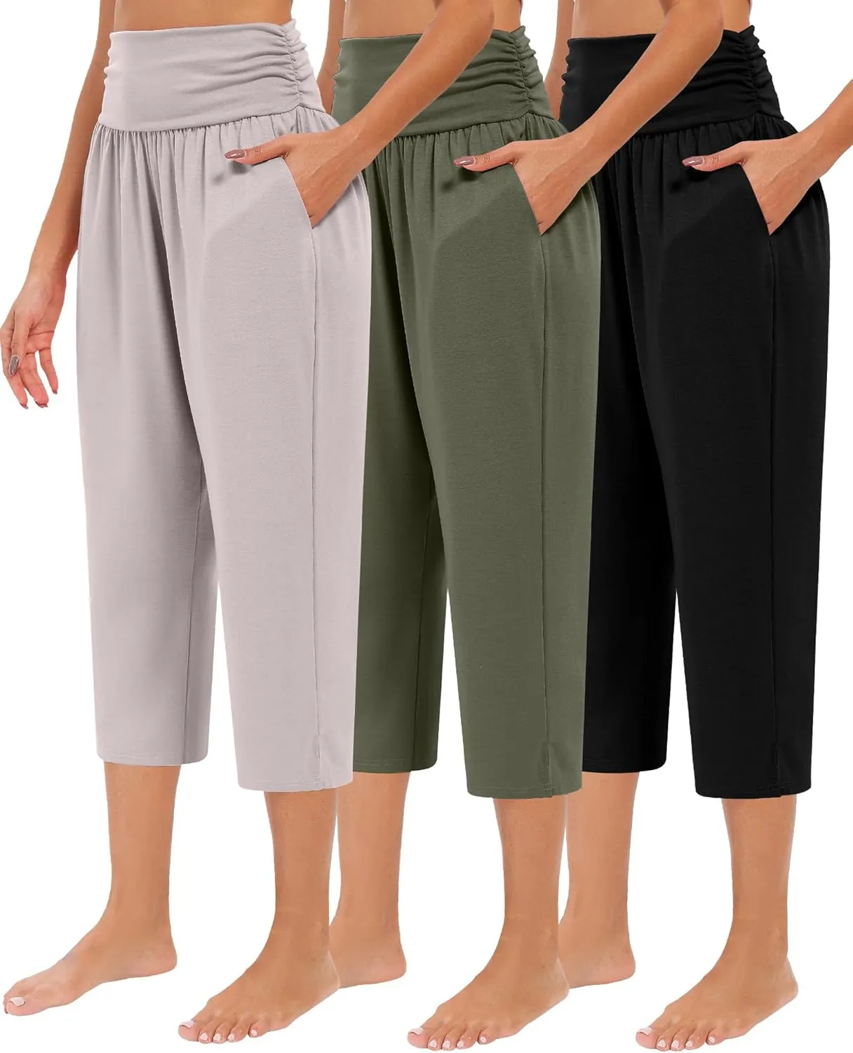 Neer 3 Pack Capri Pants for Women Casual Summer Lounge Yoga Pants Crop High Waist Loose Fit Sweatpants Pajamas with Pockets