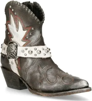 NEWROCK M-WSTM004-S1 Ladies 100% Leather Zip Western Ankle Boots Goth Punk Cowgirl Rock Biker Fashion Boots