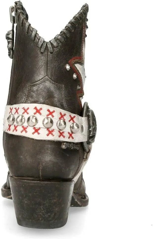 NEWROCK M-WSTM004-S1 Ladies 100% Leather Zip Western Ankle Boots Goth Punk Cowgirl Rock Biker Fashion Boots
