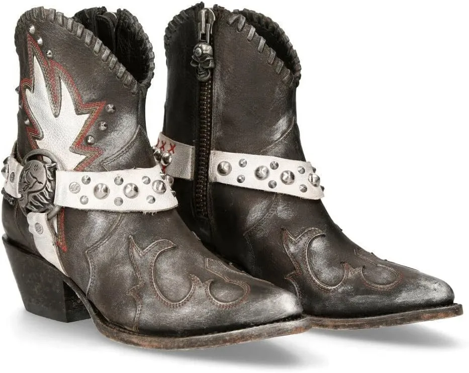 NEWROCK M-WSTM004-S1 Ladies 100% Leather Zip Western Ankle Boots Goth Punk Cowgirl Rock Biker Fashion Boots