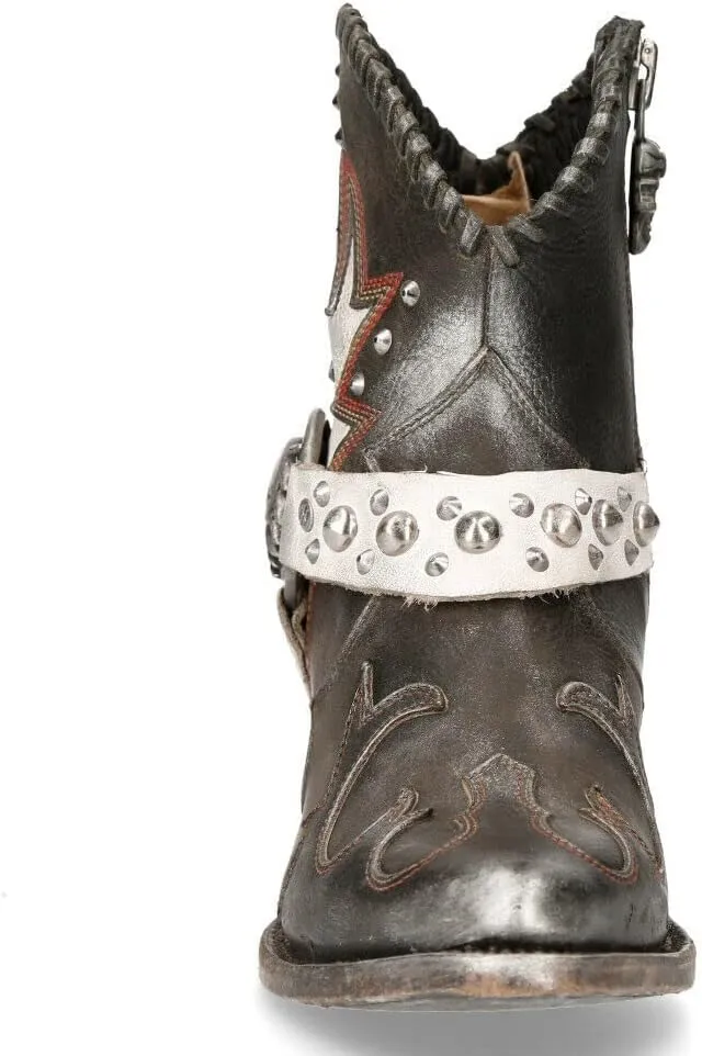 NEWROCK M-WSTM004-S1 Ladies 100% Leather Zip Western Ankle Boots Goth Punk Cowgirl Rock Biker Fashion Boots