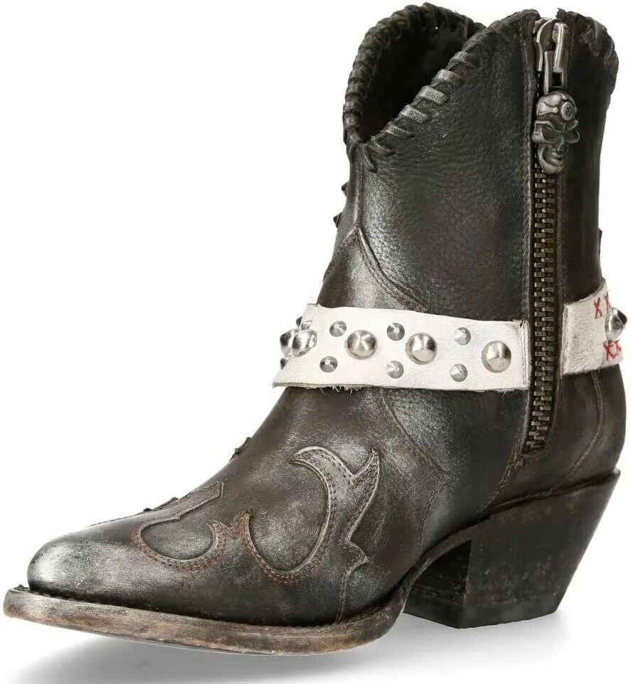 NEWROCK M-WSTM004-S1 Ladies 100% Leather Zip Western Ankle Boots Goth Punk Cowgirl Rock Biker Fashion Boots