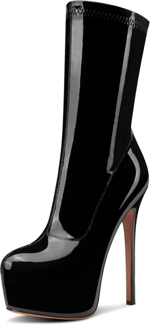 NobleOnly Womens High Stiletto Heel Platform Ankle Boots Short Bootie Round Toe Zipper Mid Calf Prom Dress Boots 5.9 Inches Heels