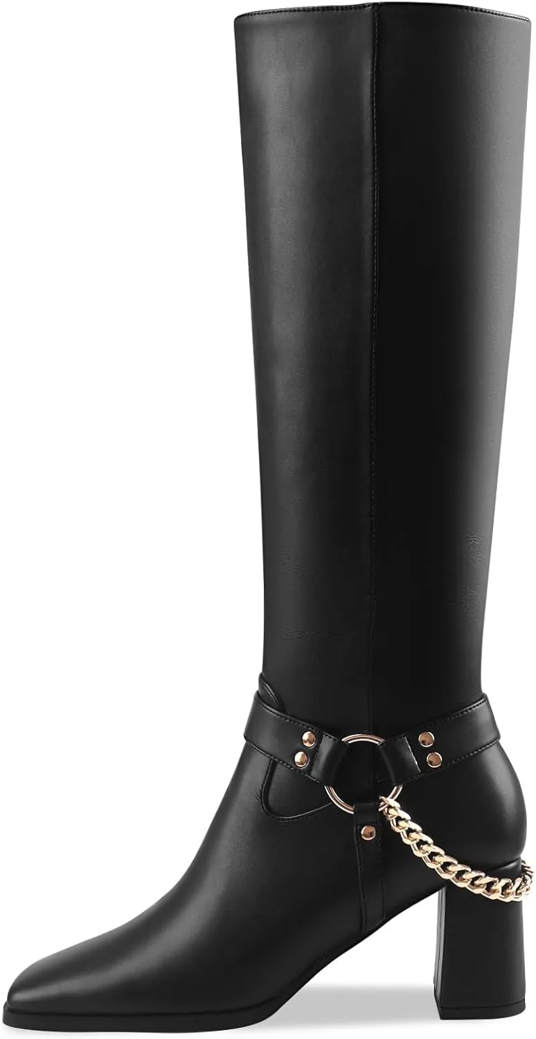 Oh Mispares Knee High Boots Slim Calf Square Toe Chunky Heel Narrow Calves Boots for Women Skinny Legs - Faux Leather Fall Winter Dress Riding Moto Tall 3 Inches Heels Boots for Girls