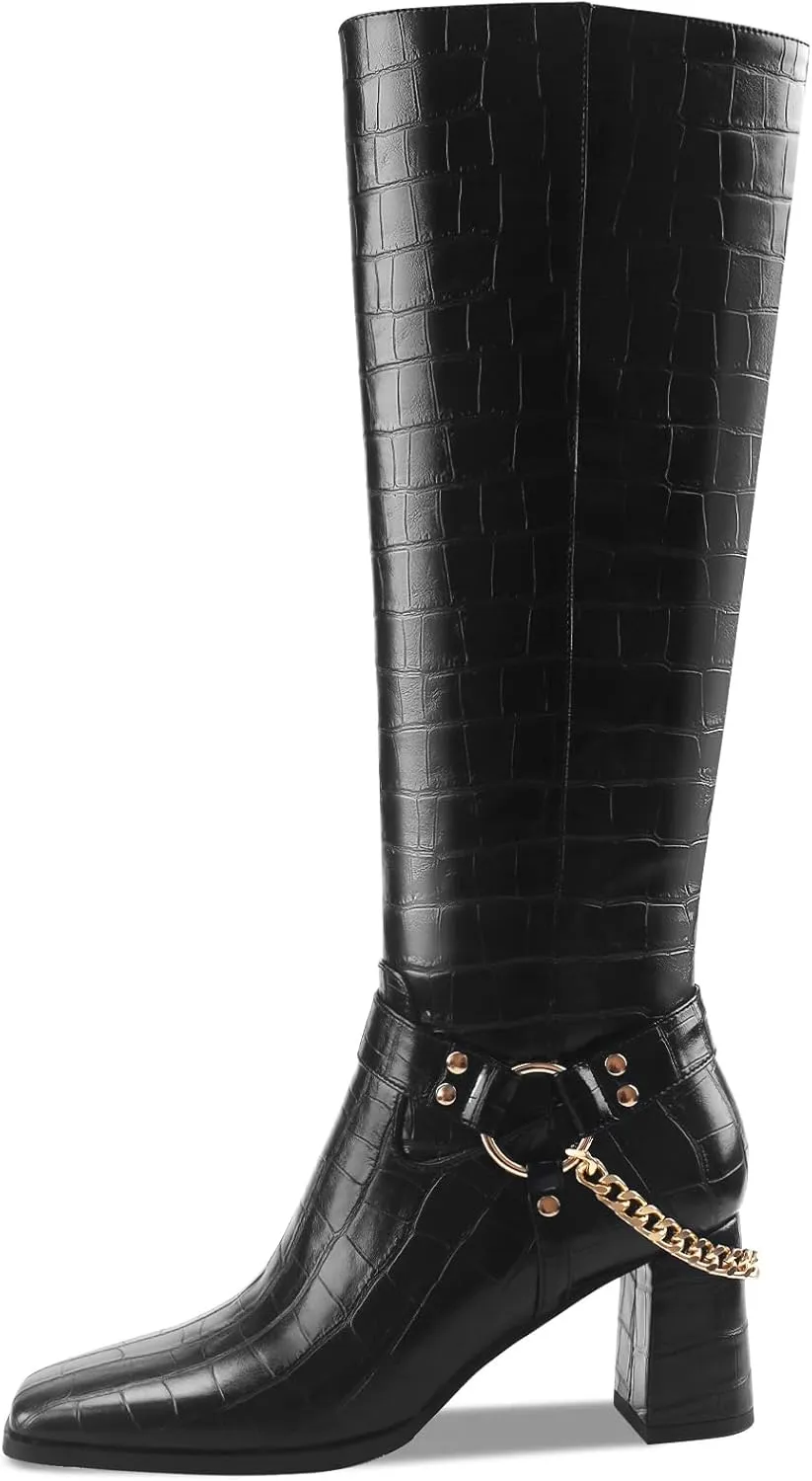 Oh Mispares Knee High Boots Slim Calf Square Toe Chunky Heel Narrow Calves Boots for Women Skinny Legs - Faux Leather Fall Winter Dress Riding Moto Tall 3 Inches Heels Boots for Girls