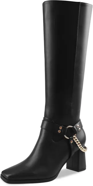 Oh Mispares Knee High Boots Slim Calf Square Toe Chunky Heel Narrow Calves Boots for Women Skinny Legs - Faux Leather Fall Winter Dress Riding Moto Tall 3 Inches Heels Boots for Girls