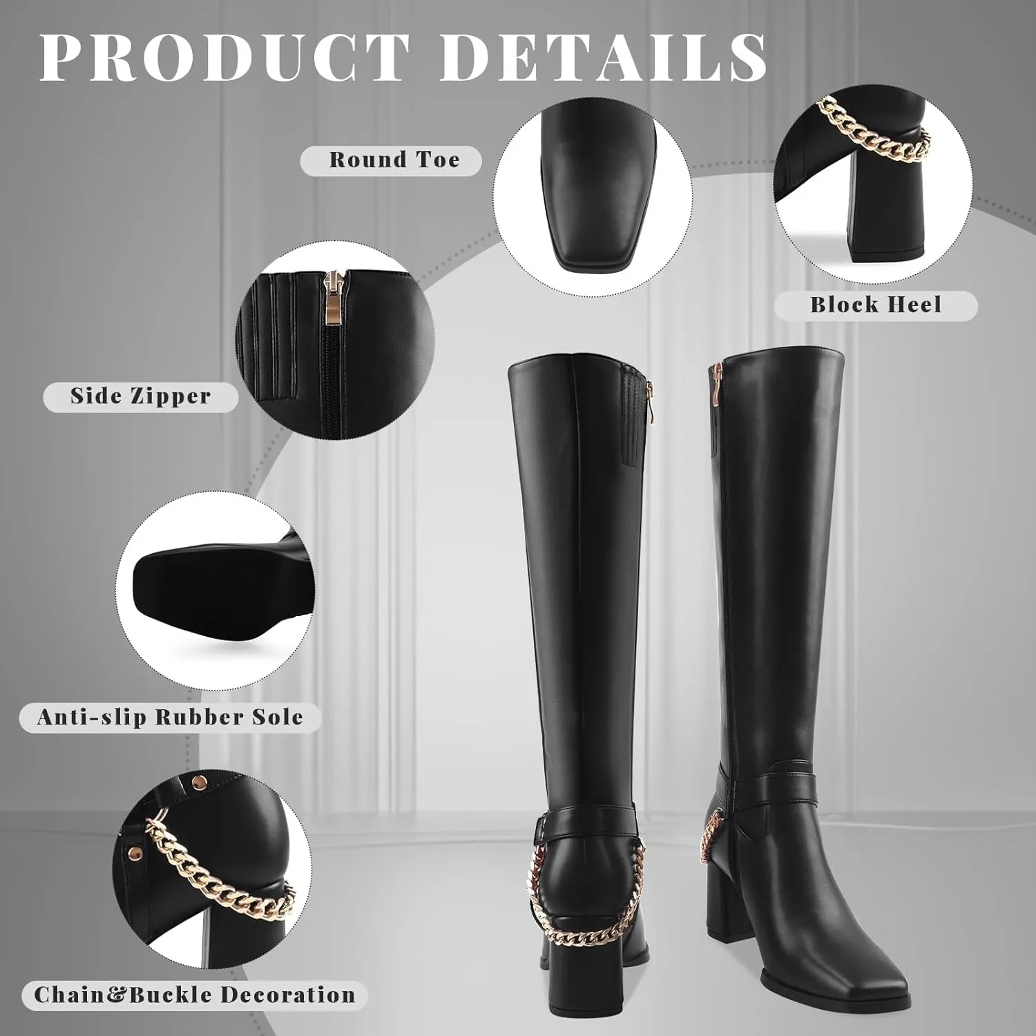Oh Mispares Knee High Boots Slim Calf Square Toe Chunky Heel Narrow Calves Boots for Women Skinny Legs - Faux Leather Fall Winter Dress Riding Moto Tall 3 Inches Heels Boots for Girls