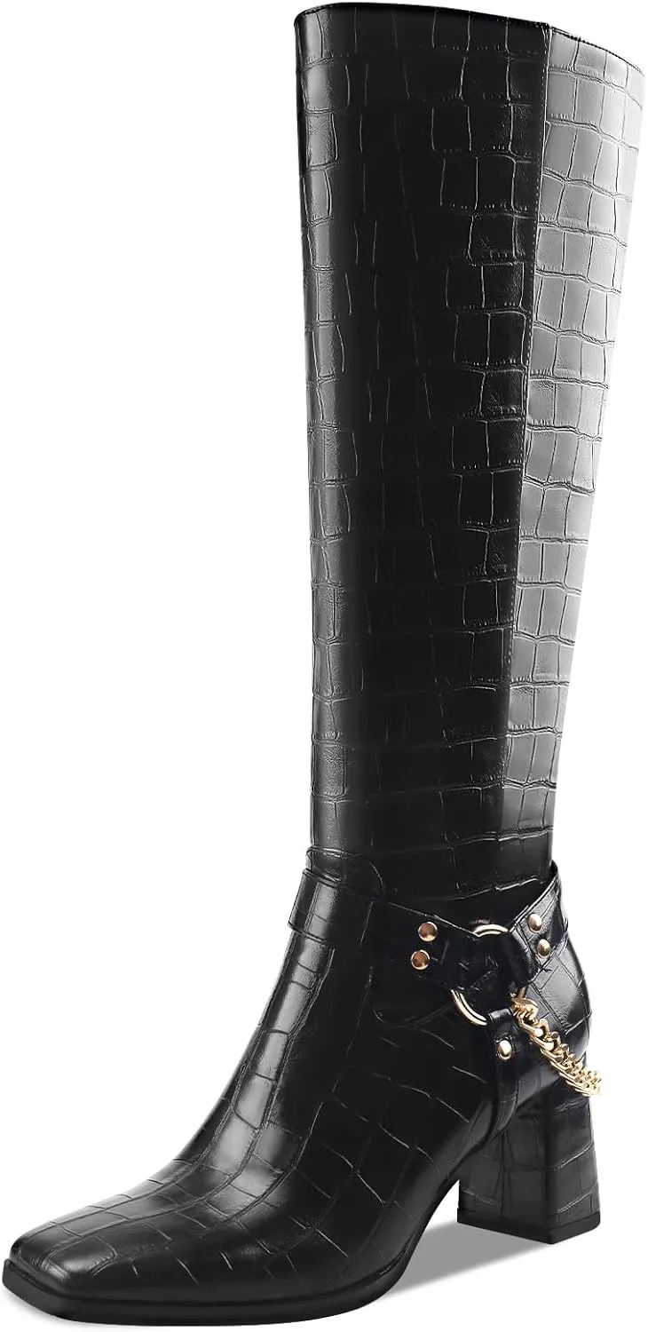 Oh Mispares Knee High Boots Slim Calf Square Toe Chunky Heel Narrow Calves Boots for Women Skinny Legs - Faux Leather Fall Winter Dress Riding Moto Tall 3 Inches Heels Boots for Girls