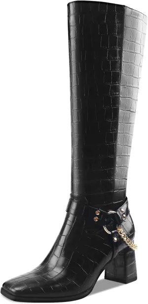 Oh Mispares Knee High Boots Slim Calf Square Toe Chunky Heel Narrow Calves Boots for Women Skinny Legs - Faux Leather Fall Winter Dress Riding Moto Tall 3 Inches Heels Boots for Girls