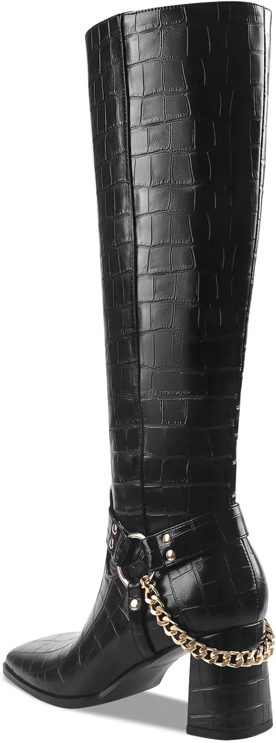 Oh Mispares Knee High Boots Slim Calf Square Toe Chunky Heel Narrow Calves Boots for Women Skinny Legs - Faux Leather Fall Winter Dress Riding Moto Tall 3 Inches Heels Boots for Girls