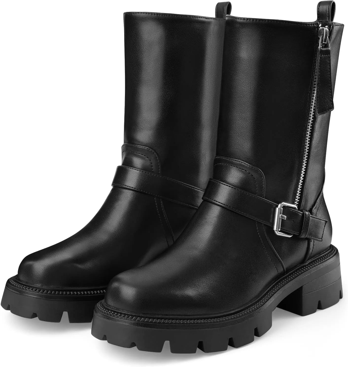 Oh Mispares Women’s Lug Sole Ankle Boots Round Toe Adjustable Calf Chunky Heel Buckle Strap Side Zipper Riding Booties Fashion Casual Shoes 2 Inches