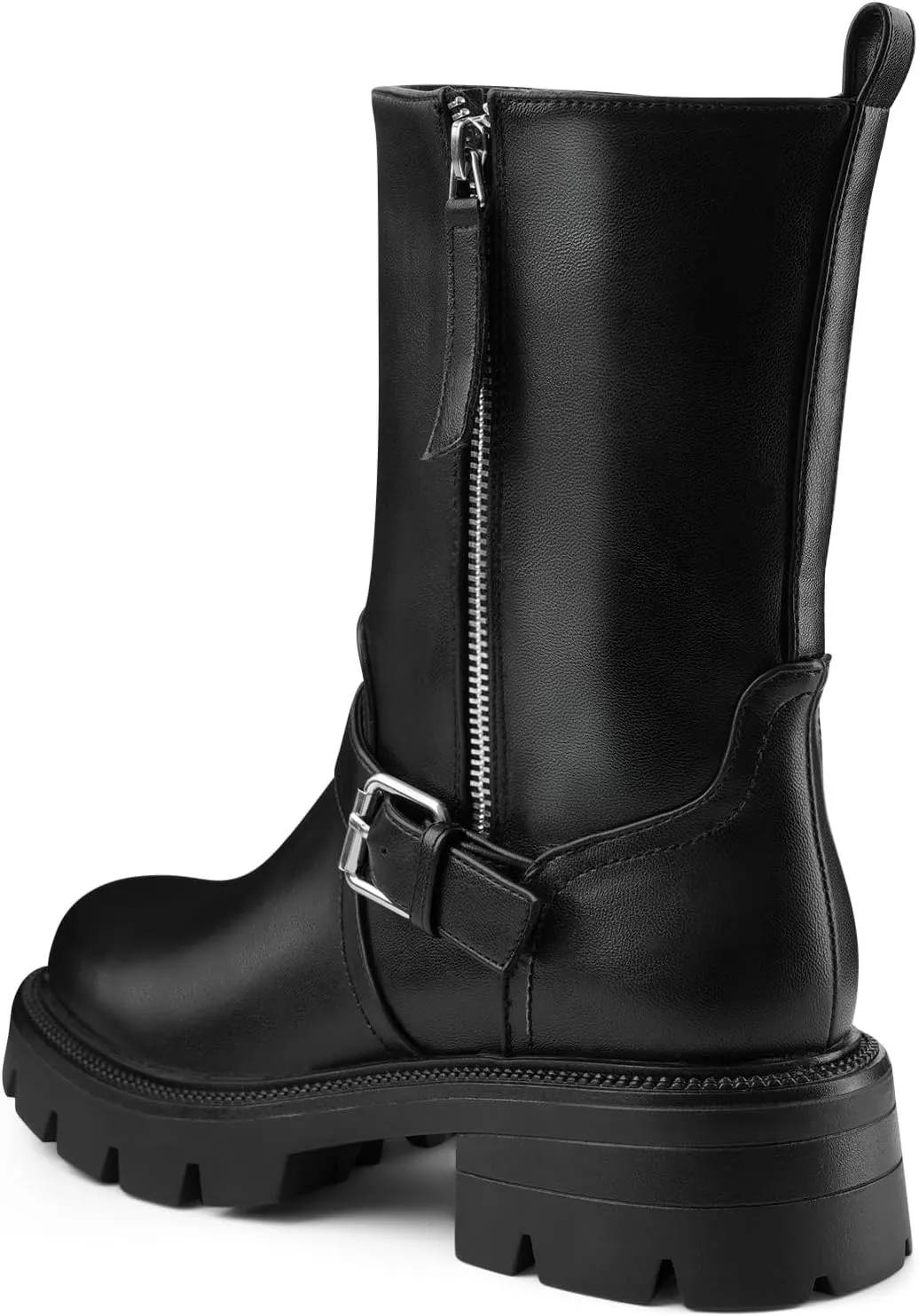 Oh Mispares Women’s Lug Sole Ankle Boots Round Toe Adjustable Calf Chunky Heel Buckle Strap Side Zipper Riding Booties Fashion Casual Shoes 2 Inches