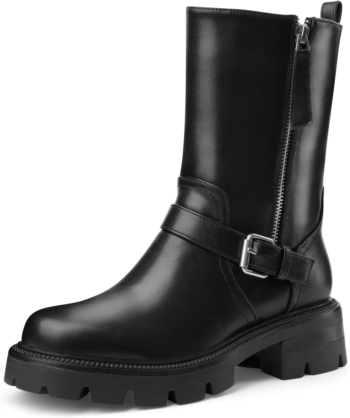 Oh Mispares Women’s Lug Sole Ankle Boots Round Toe Adjustable Calf Chunky Heel Buckle Strap Side Zipper Riding Booties Fashion Casual Shoes 2 Inches