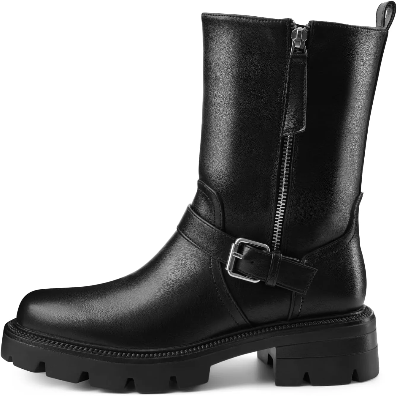 Oh Mispares Women’s Lug Sole Ankle Boots Round Toe Adjustable Calf Chunky Heel Buckle Strap Side Zipper Riding Booties Fashion Casual Shoes 2 Inches