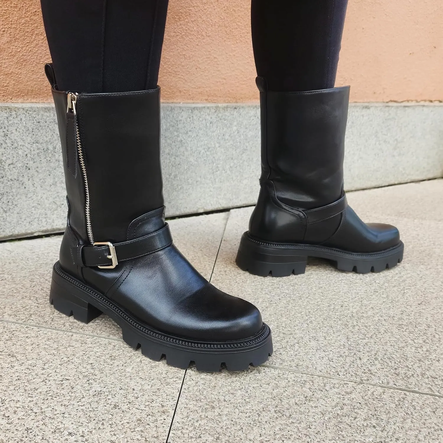 Oh Mispares Women’s Lug Sole Ankle Boots Round Toe Adjustable Calf Chunky Heel Buckle Strap Side Zipper Riding Booties Fashion Casual Shoes 2 Inches