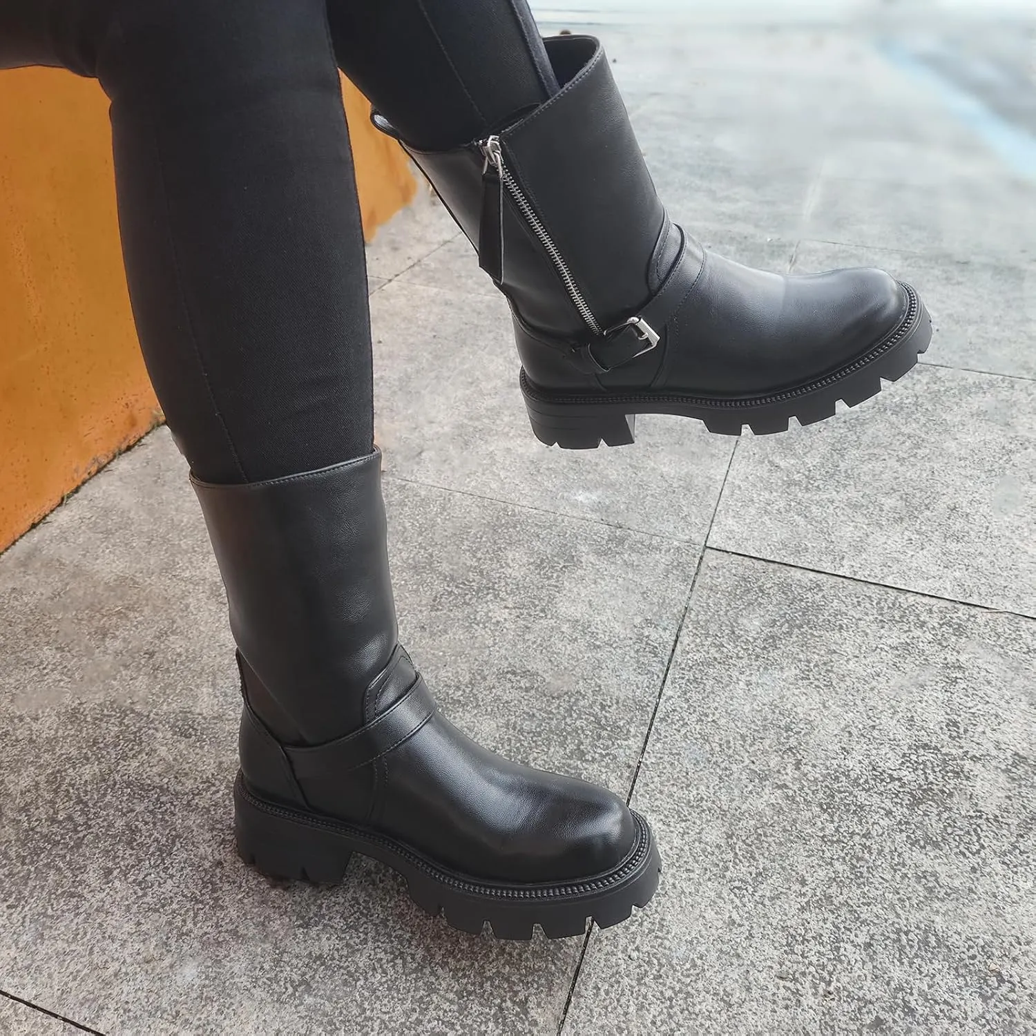 Oh Mispares Women’s Lug Sole Ankle Boots Round Toe Adjustable Calf Chunky Heel Buckle Strap Side Zipper Riding Booties Fashion Casual Shoes 2 Inches