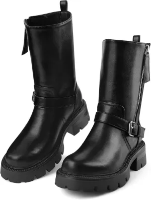 Oh Mispares Women’s Lug Sole Ankle Boots Round Toe Adjustable Calf Chunky Heel Buckle Strap Side Zipper Riding Booties Fashion Casual Shoes 2 Inches