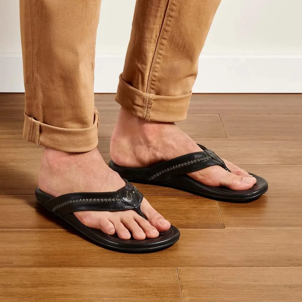 OLUKAI Mea Ola Men's Leather Beach Sandals, Soft & Durable Flip Flops, Arch Support & Comfort Fit, Enhanced Grip & Traction