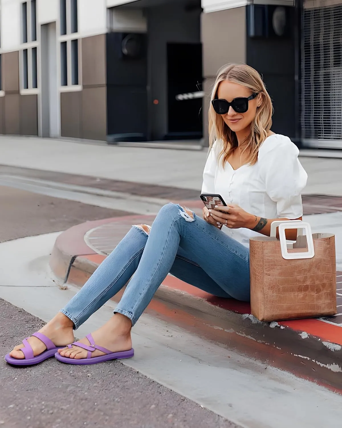ONCAI Flat Sandals for Women Trendy Square Open Split-Toe Ring Summer Dressy Cross Strappy Slides Sandles with Slip-on Rubber Soles