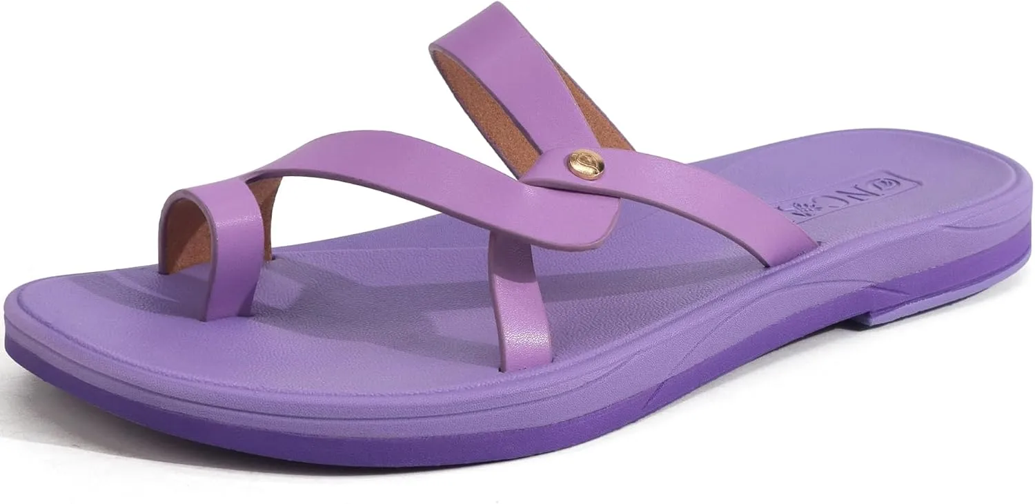 ONCAI Flat Sandals for Women Trendy Square Open Split-Toe Ring Summer Dressy Cross Strappy Slides Sandles with Slip-on Rubber Soles