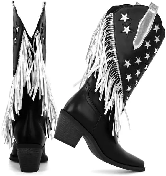 Onlymaker Cowboy Boots for Women Mid Calf High Cowgirl Boots With Fringe