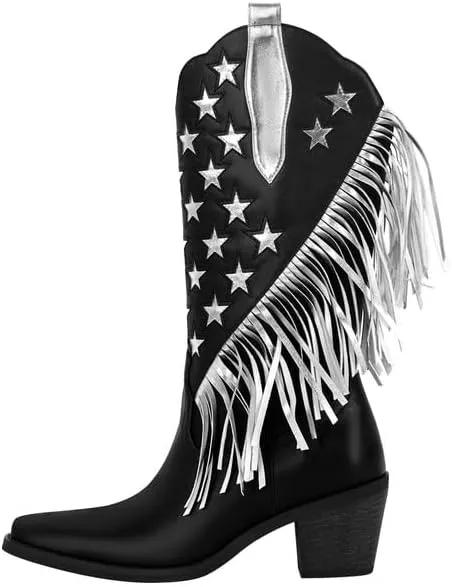 Onlymaker Cowboy Boots for Women Mid Calf High Cowgirl Boots With Fringe
