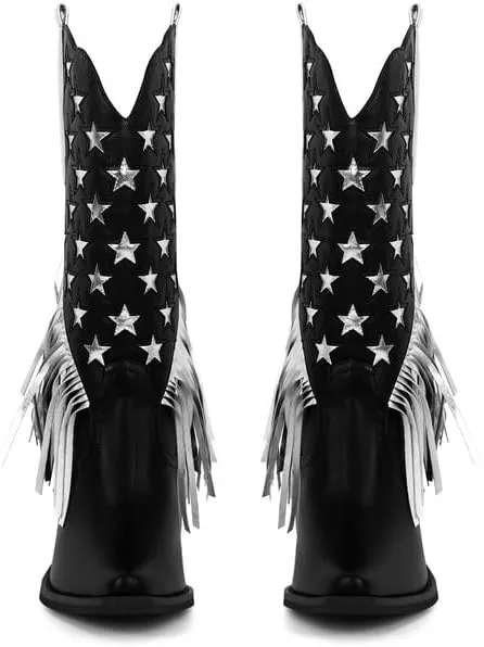 Onlymaker Cowboy Boots for Women Mid Calf High Cowgirl Boots With Fringe