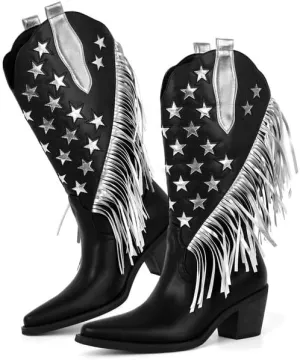 Onlymaker Cowboy Boots for Women Mid Calf High Cowgirl Boots With Fringe